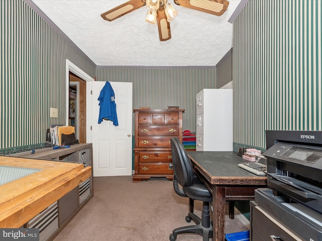 carpeted office with a ceiling fan and a textured ceiling
