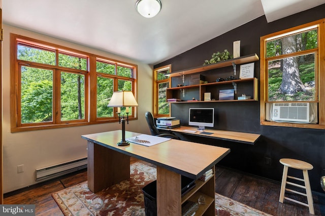 office space with a baseboard radiator, healthy amount of natural light, cooling unit, dark wood finished floors, and lofted ceiling