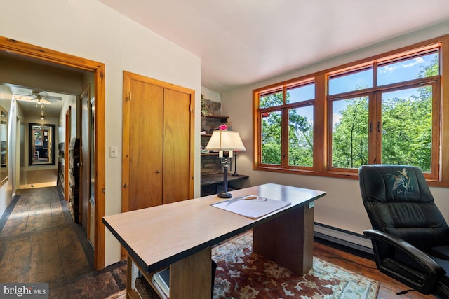 home office with dark wood-style flooring and baseboard heating