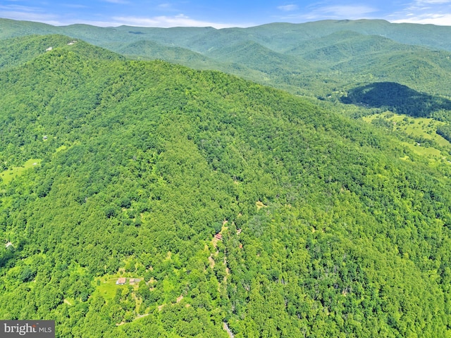 view of mountain backdrop featuring a forest
