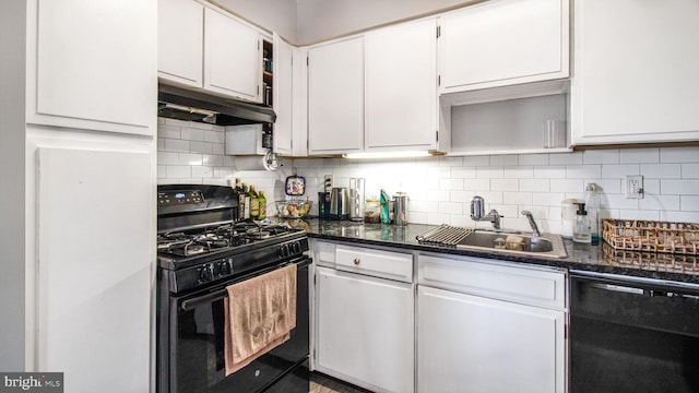 kitchen featuring black appliances, under cabinet range hood, a sink, white cabinets, and tasteful backsplash