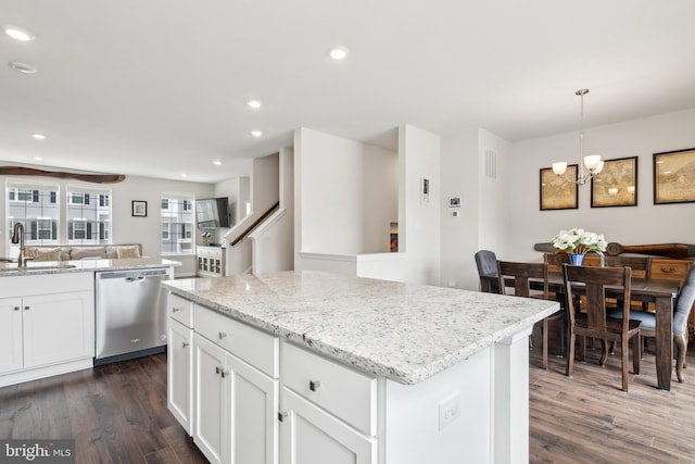 16 Foundry Blvd, Mount Holly, NJ 08060 - kitchen with dishwasher, a sink, a kitchen island, dark wood-style flooring, and open floor plan