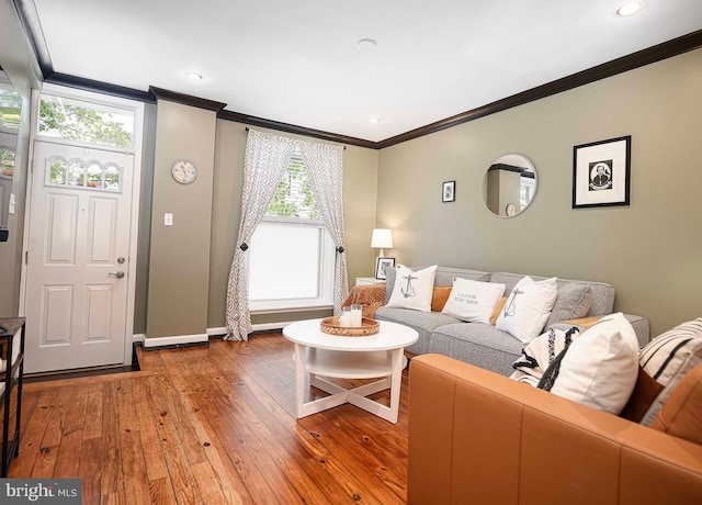 3211 Leverton Ave, Baltimore, MD 21224 - living room with crown molding, wood-type flooring, baseboards, and recessed lighting