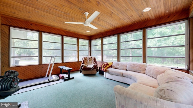 sunroom / solarium featuring carpet, healthy amount of natural light, wood walls, and wood ceiling