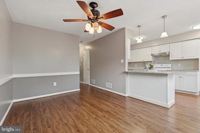 kitchen featuring under cabinet range hood, white electric range oven, light wood-type flooring, white cabinets, and ceiling fan