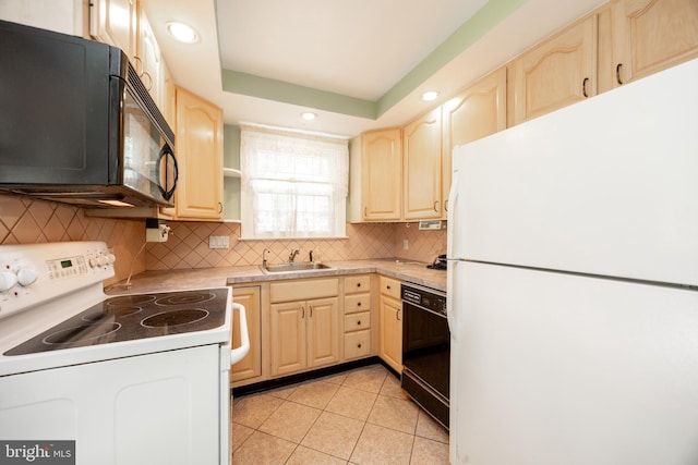 kitchen featuring black appliances, light brown cabinets, light tile patterned floors, recessed lighting, and backsplash