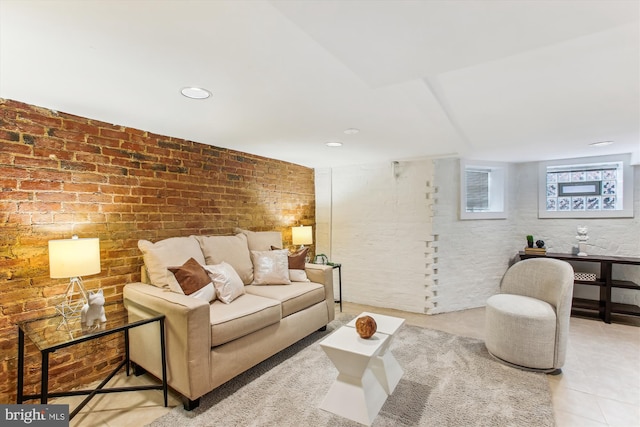 1314 Wallach Pl NW, Washington, DC 20009 - living room with brick wall, tile patterned flooring, and recessed lighting