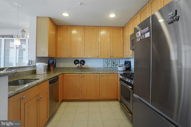 3600 S Glebe Rd Unit 822W, Arlington, VA 22202 - kitchen featuring stainless steel appliances, a sink, light tile patterned floors, light stone counters, and recessed lighting