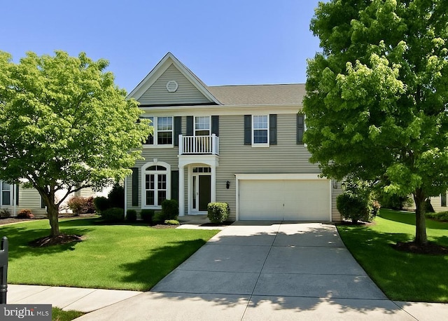 9034 Allington Manor Cir W, Frederick, MD 21703 - view of front of home with a balcony, driveway, a front yard, and an attached garage