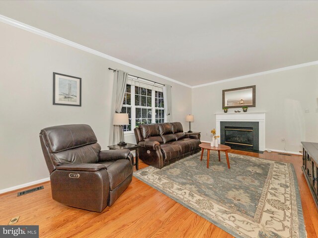 9034 Allington Manor Cir W, Frederick, MD 21703 - living area with ornamental molding, wood finished floors, a fireplace with flush hearth, and baseboards