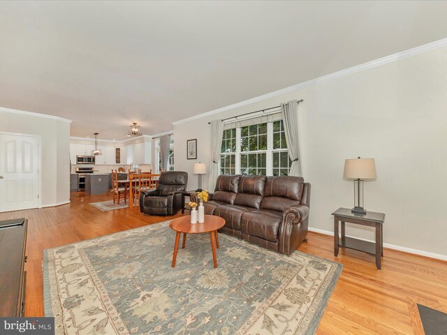 9034 Allington Manor Cir W, Frederick, MD 21703 - living room with light wood-style floors, ornamental molding, and baseboards