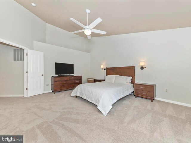 9034 Allington Manor Cir W, Frederick, MD 21703 - carpeted bedroom with high vaulted ceiling, baseboards, and ceiling fan