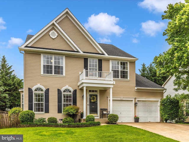 9034 Allington Manor Cir W, Frederick, MD 21703 - colonial inspired home featuring a balcony, concrete driveway, a front lawn, and roof with shingles