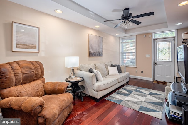 2515 Fait Ave, Baltimore, MD 21224 - living area featuring baseboards, dark wood-type flooring, a raised ceiling, recessed lighting, and ceiling fan