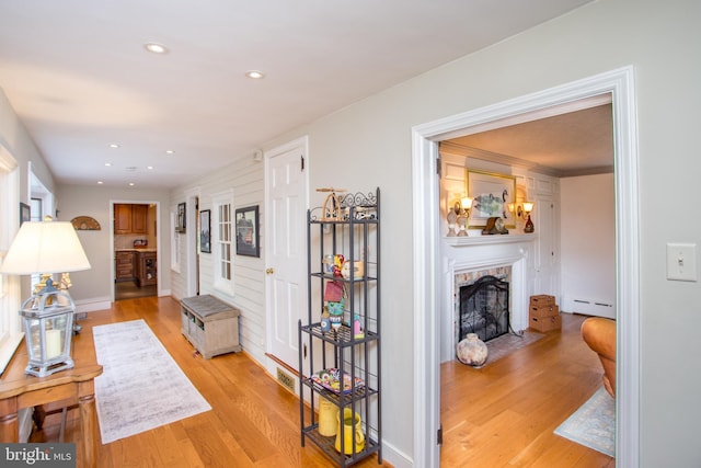 3864 Spring Valley Rd, Doylestown, PA 18902 - hall featuring a baseboard radiator, recessed lighting, wood finished floors, and baseboards