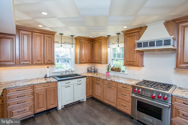 3864 Spring Valley Rd, Doylestown, PA 18902 - kitchen featuring luxury stove, custom range hood, a sink, hanging light fixtures, and recessed lighting
