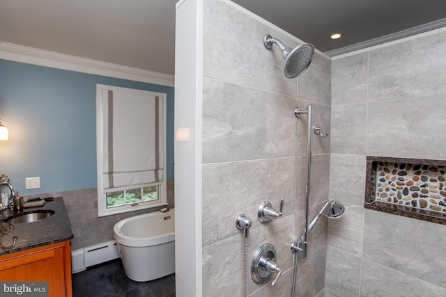 3864 Spring Valley Rd, Doylestown, PA 18902 - full bath with a baseboard heating unit, crown molding, tiled shower, tile walls, and a freestanding tub