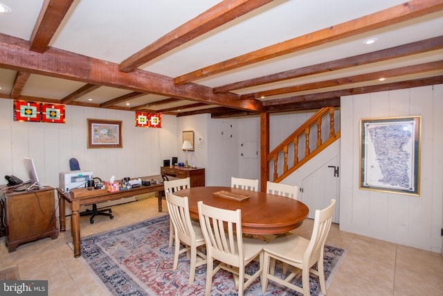 3864 Spring Valley Rd, Doylestown, PA 18902 - dining room with beamed ceiling, light tile patterned flooring, a desk, stairway, and recessed lighting