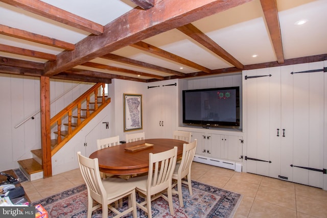 3864 Spring Valley Rd, Doylestown, PA 18902 - dining room with light tile patterned floors, beamed ceiling, stairway, baseboard heating, and radiator heating unit