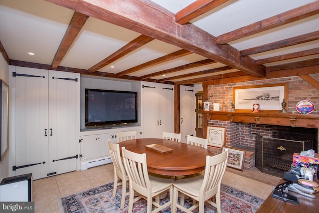 3864 Spring Valley Rd, Doylestown, PA 18902 - dining area with light tile patterned floors, beam ceiling, a baseboard heating unit, and a fireplace