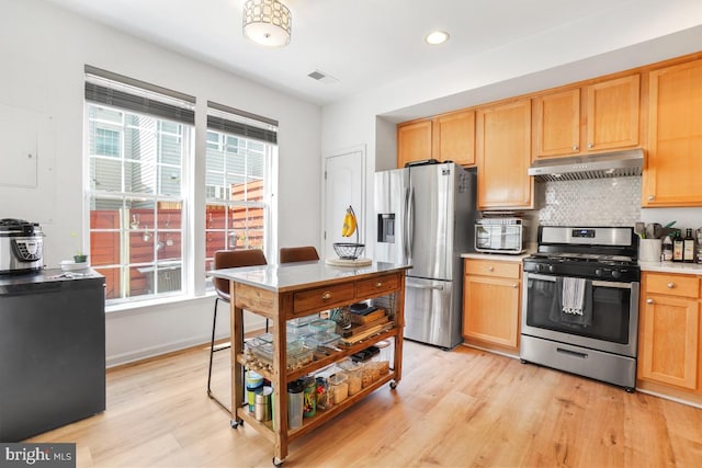 13304 Tivoli Fountain Ct, Germantown, MD 20874 - kitchen with appliances with stainless steel finishes, under cabinet range hood, healthy amount of natural light, light wood-style floors, and recessed lighting