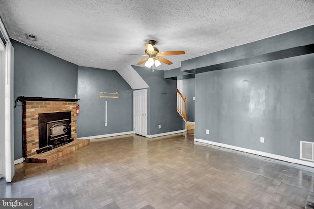 131 Remington Cir, Havre De Grace, MD 21078 - unfurnished living room featuring a ceiling fan, a textured ceiling, baseboards, stairway, and vaulted ceiling