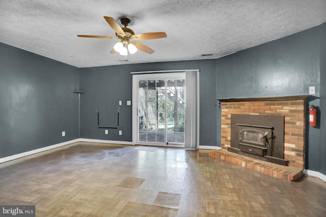 131 Remington Cir, Havre De Grace, MD 21078 - unfurnished living room with a textured ceiling, baseboards, ceiling fan, and parquet flooring