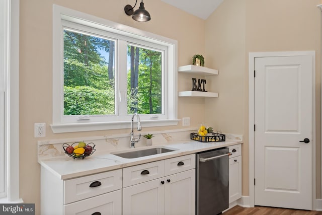 5570 Warren Dr, Huntingtown, MD 20639 - kitchen with dishwasher, a sink, white cabinets, light stone countertops, and open shelves