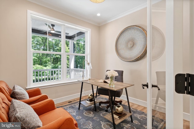 5570 Warren Dr, Huntingtown, MD 20639 - office with baseboards, crown molding, wood finished floors, and french doors