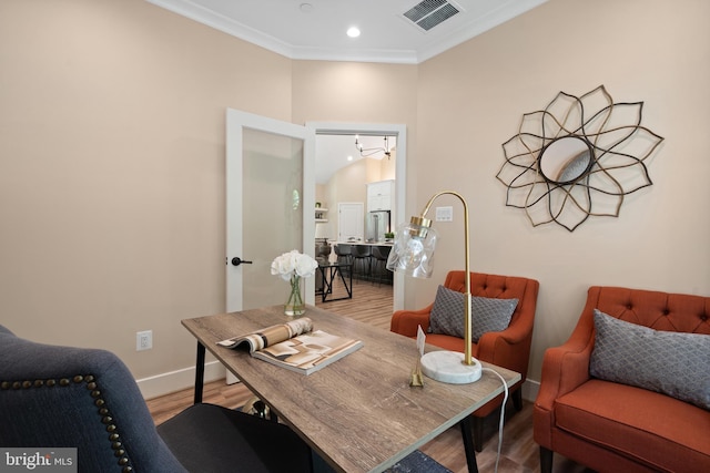 5570 Warren Dr, Huntingtown, MD 20639 - home office featuring wood finished floors, crown molding, baseboards, and recessed lighting