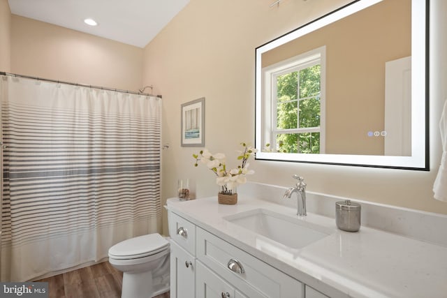 5570 Warren Dr, Huntingtown, MD 20639 - bathroom with vanity, toilet, wood finished floors, and curtained shower