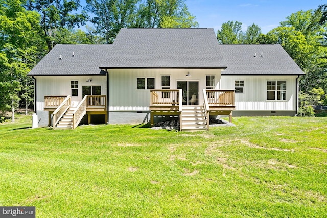 5570 Warren Dr, Huntingtown, MD 20639 - rear view of property with crawl space, stairway, a shingled roof, and a deck