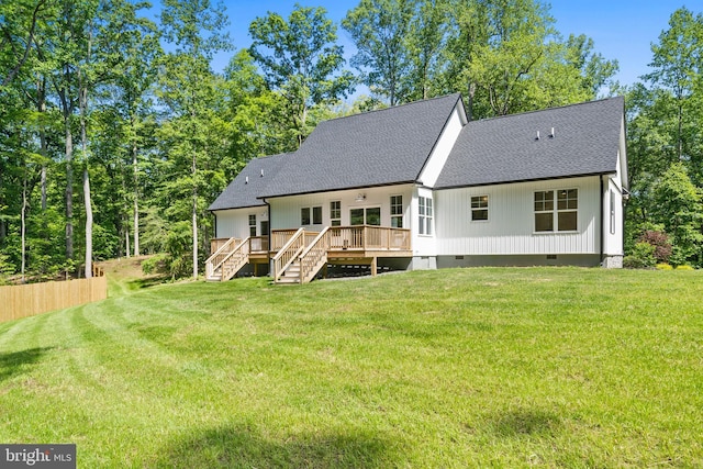 5570 Warren Dr, Huntingtown, MD 20639 - back of property featuring crawl space, stairs, roof with shingles, and a deck