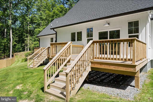 5570 Warren Dr, Huntingtown, MD 20639 - wooden deck featuring a yard and stairway