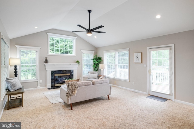 8002 Gosport Ln, Springfield, VA 22151 - carpeted living area with ceiling fan, a high end fireplace, lofted ceiling, baseboards, and recessed lighting