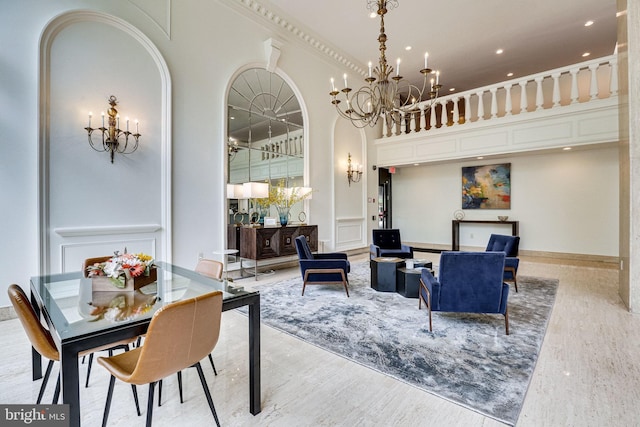 1300 Army Navy Dr Unit 124, Arlington, VA 22202 - dining area with a chandelier, wood finished floors, a high ceiling, and recessed lighting