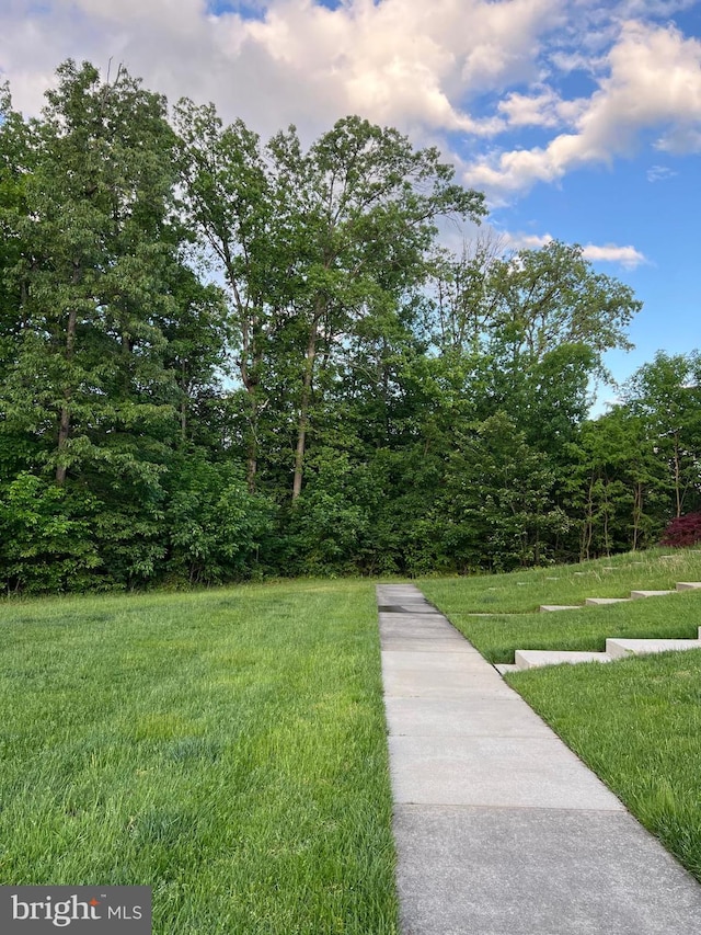 view of property's community with a yard and a view of trees