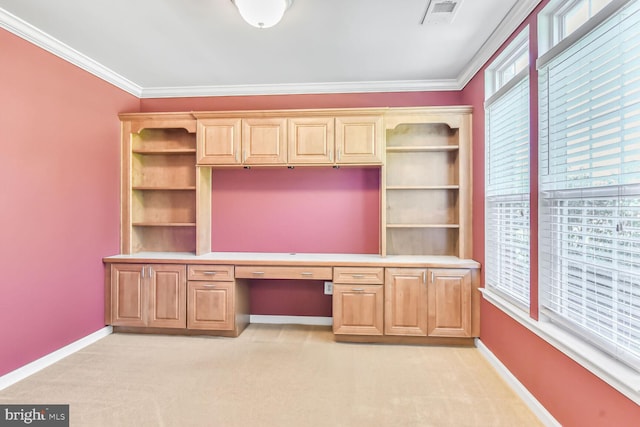 42952 Miltec Ter, Chantilly, VA 20152 - unfurnished office with built in study area, light carpet, baseboards, crown molding, and plenty of natural light
