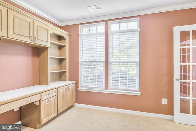 42952 Miltec Ter, Chantilly, VA 20152 - unfurnished office with ornamental molding, light carpet, baseboards, and built in desk