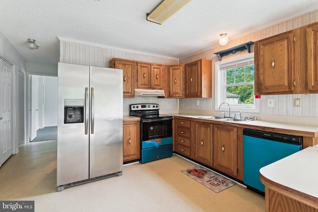 339 Gray Dr, Lusby, MD 20657 - kitchen with stainless steel refrigerator with ice dispenser, black / electric stove, dishwasher, under cabinet range hood, and a sink