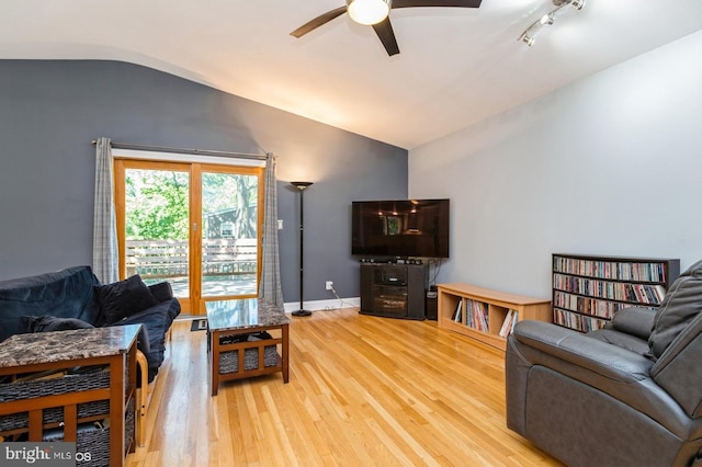 30 Brooktree Rd, East Windsor, NJ 08520 - living room featuring lofted ceiling, ceiling fan, wood finished floors, and track lighting