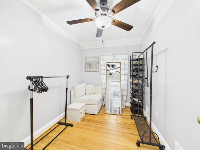 8663 Black Oak, Baltimore, MD 21234 - sitting room featuring ornamental molding, a ceiling fan, light wood-type flooring, and baseboards