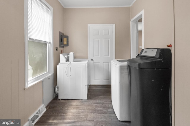 294 Jefferson St, Carneys Point, NJ 08069 - washroom with washer and clothes dryer, wood finished floors, ornamental molding, and electric panel