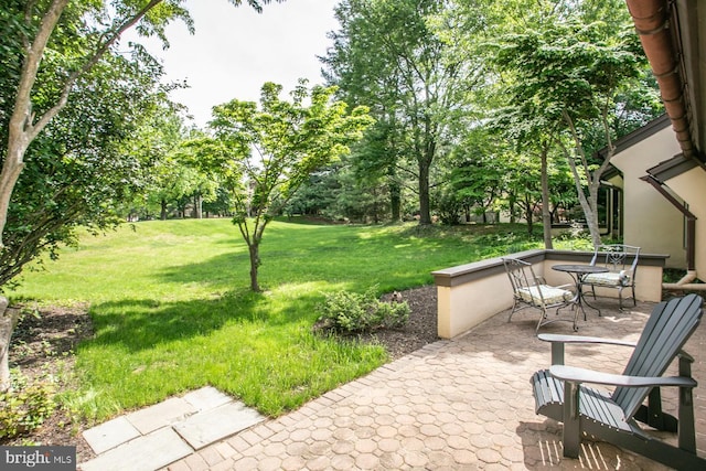 view of green lawn featuring a patio and view of wooded area
