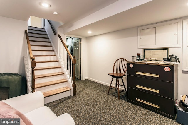 staircase featuring recessed lighting, baseboards, and carpet floors