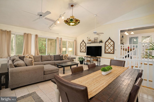759 Avenue F, Langhorne, PA 19047 - dining space featuring a ceiling fan, light tile patterned flooring, lofted ceiling, and rail lighting