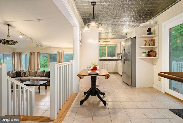 759 Avenue F, Langhorne, PA 19047 - kitchen featuring freestanding refrigerator, open shelves, healthy amount of natural light, ceiling fan, and an ornate ceiling
