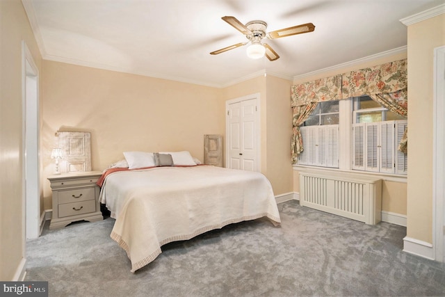759 Avenue F, Langhorne, PA 19047 - carpeted bedroom featuring ornamental molding, baseboards, radiator heating unit, ceiling fan, and a closet