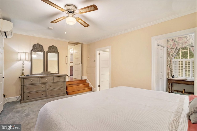 759 Avenue F, Langhorne, PA 19047 - carpeted bedroom with crown molding, an AC wall unit, baseboards, and a ceiling fan