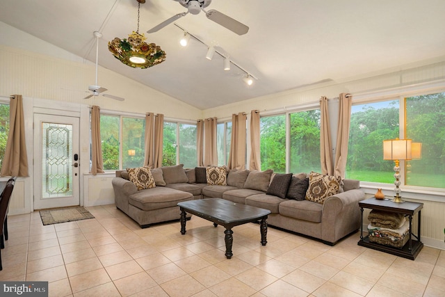 759 Avenue F, Langhorne, PA 19047 - living area with ceiling fan, rail lighting, light tile patterned floors, and vaulted ceiling